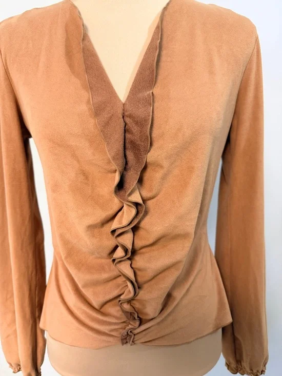 Vintage Y2K Top Ruffle Front Faux Suede Small Petite Western Boho 90s Grunge - Picture 2 of 10